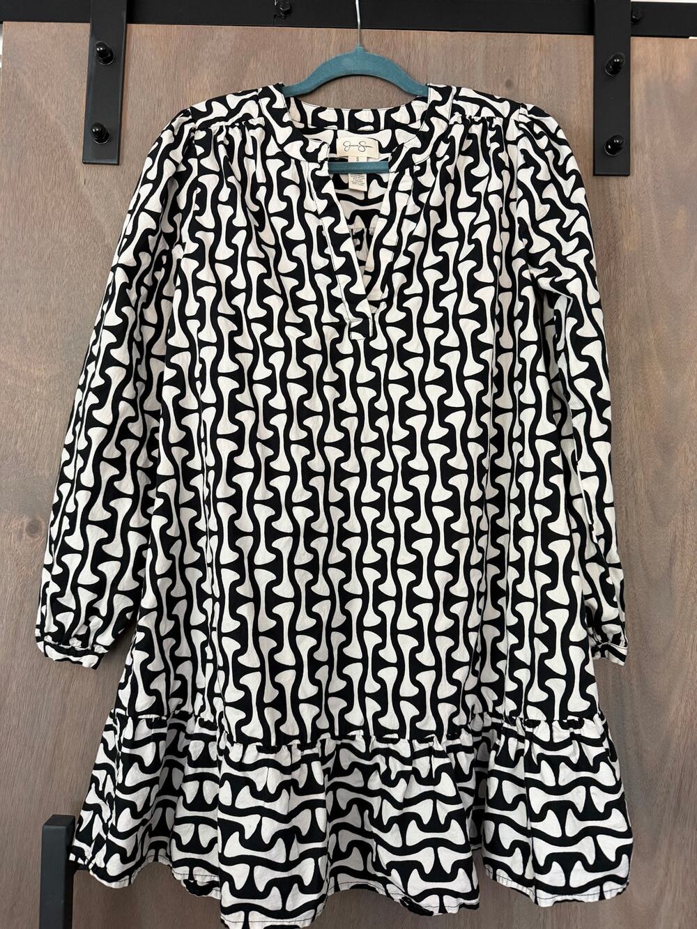 Geometric Black and White 100% Cotton Long Sleeve Mini Dress Small